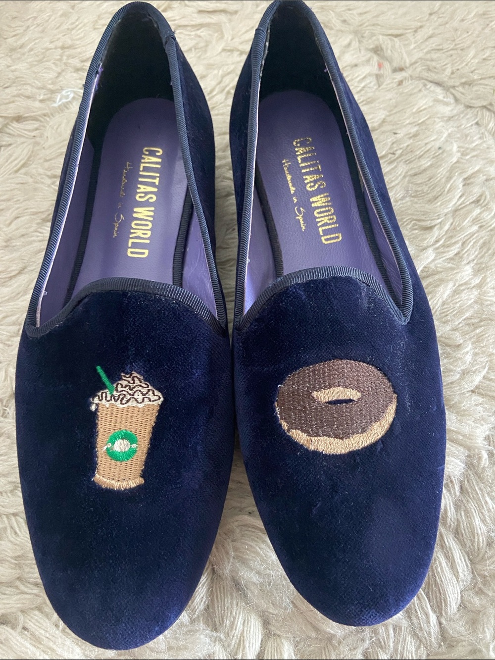 Women’s Navy Velvet Loafers with Coffee & Donut Embroidery